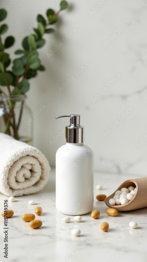 Magnesium supplement on a marble countertop next to other wellness items. Magnesium supplement on a marble countertop next to other wellness items.