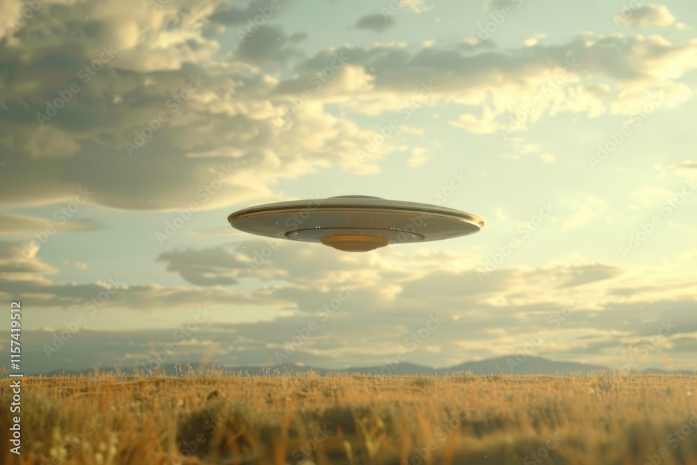 Obraz premium Alien UFO hovering over field humanoid spaceship extraterrestrial life