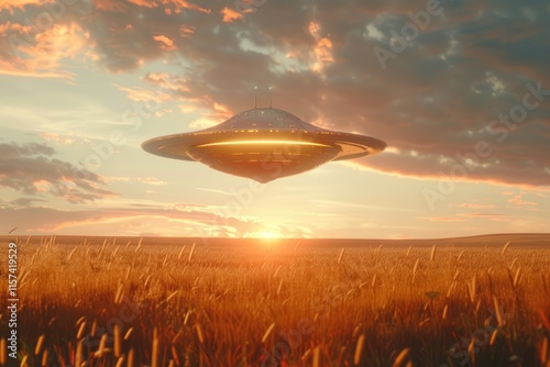 Fototapeta Naklejka Na Ścianę i Meble -  Alien UFO hovering over field  humanoid spaceship  extraterrestrial life