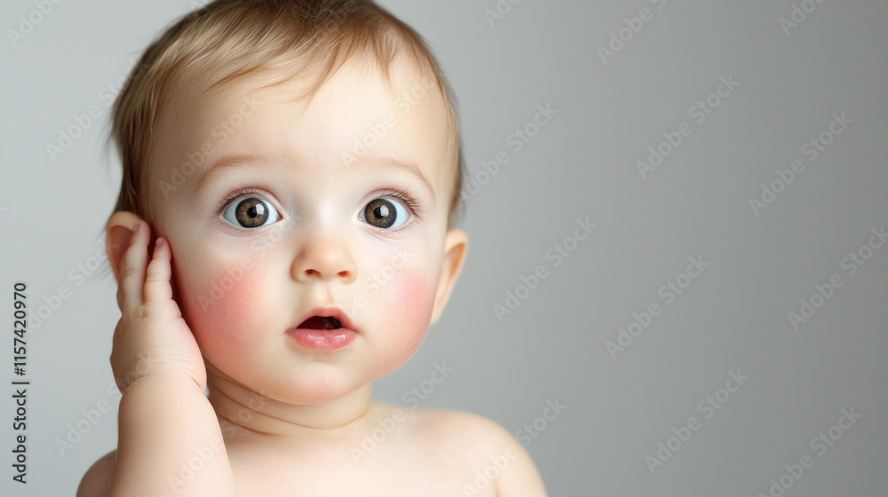 A surprised baby with wide eyes and a hand on their face. A surprised baby with wide eyes and a hand on their face.