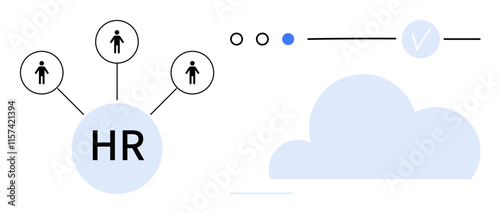 HR network diagram with main HR circle linked to employees, cloud icon, and interface elements. Ideal for HR systems, cloud computing, employee management, data storage, online HR tools, workforce