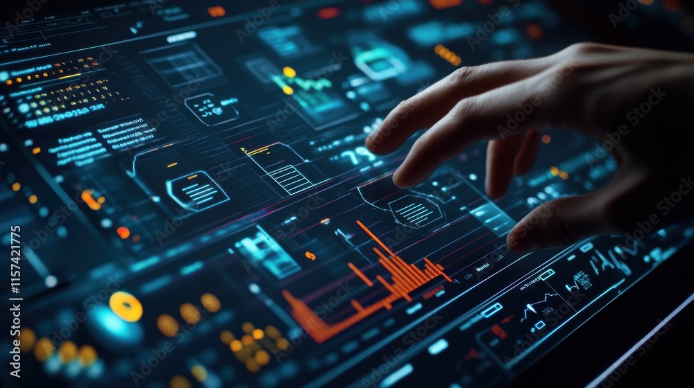 A detailed shot of a quality control panel displaying realtime data and graphs on product performance metrics with a hand adjusting calibration settings.