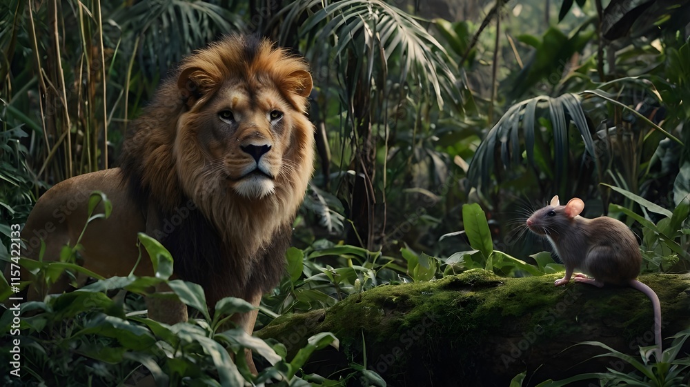 Obraz premium The lion and the rat in the forest cinematic scene moral story