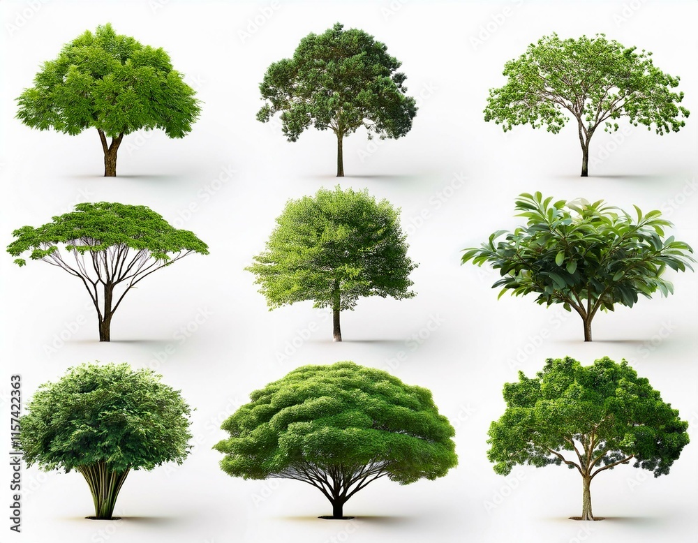 Trees collection set. Green plants with leaves, garden botanical Trees collection set. Green plants with leaves, garden botanical