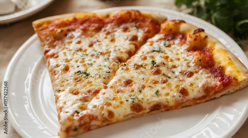 Delicious cheese pizza slices kitchen table food photography warm atmosphere close-up comfort food concept photo