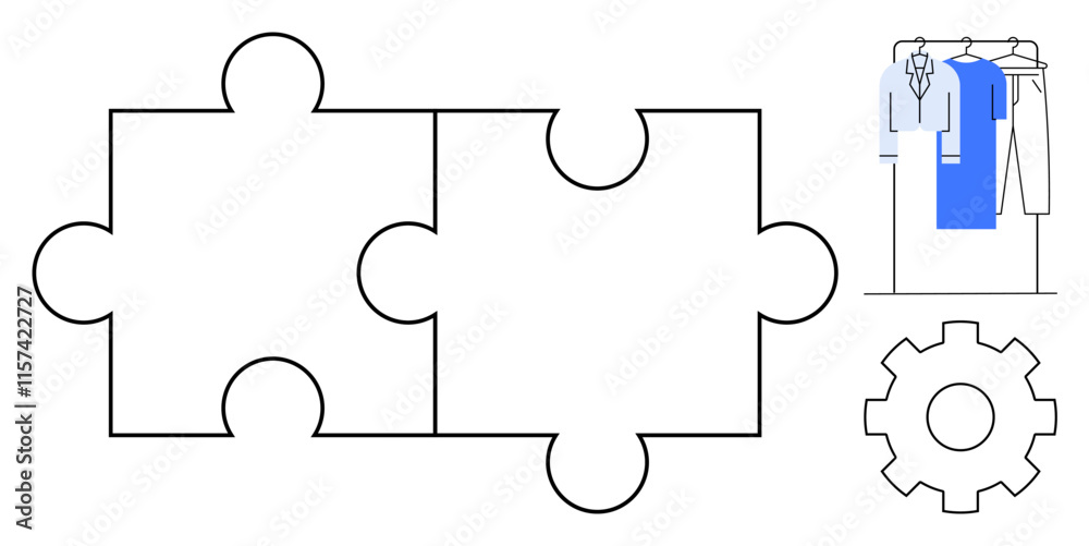 Two puzzle pieces linked, clothing on a rack, gearwheel symbol. Ideal for teamwork, organization, problem-solving, fashion industry, workflow integration collaboration. Line metaphor Two puzzle pieces linked, clothing on a rack, gearwheel symbol. Ideal for teamwork, organization, problem-solving, fashion industry, workflow integration collaboration. Line metaphor