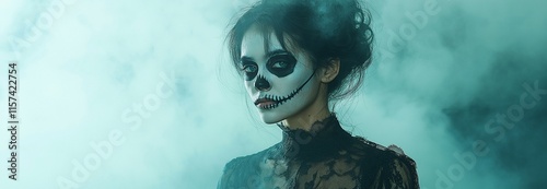 A woman in an antique lace dress with a skeletal face painted in painstaking detail stands in a mysterious misty haze.