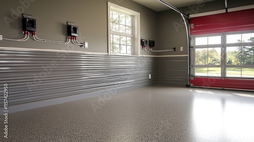 Modern garage interior with polished floor and wall panels.