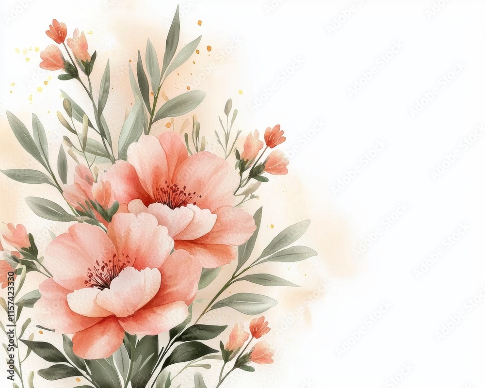 Fototapeta premium Soft Pink Floral Arrangement with Green Leaves and Delicate Accents