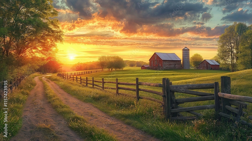 A calm agricultural scene at dusk, with barns, silos, verdant fields, and a rustic wooden fence. A calm agricultural scene at dusk, with barns, silos, verdant fields, and a rustic wooden fence.