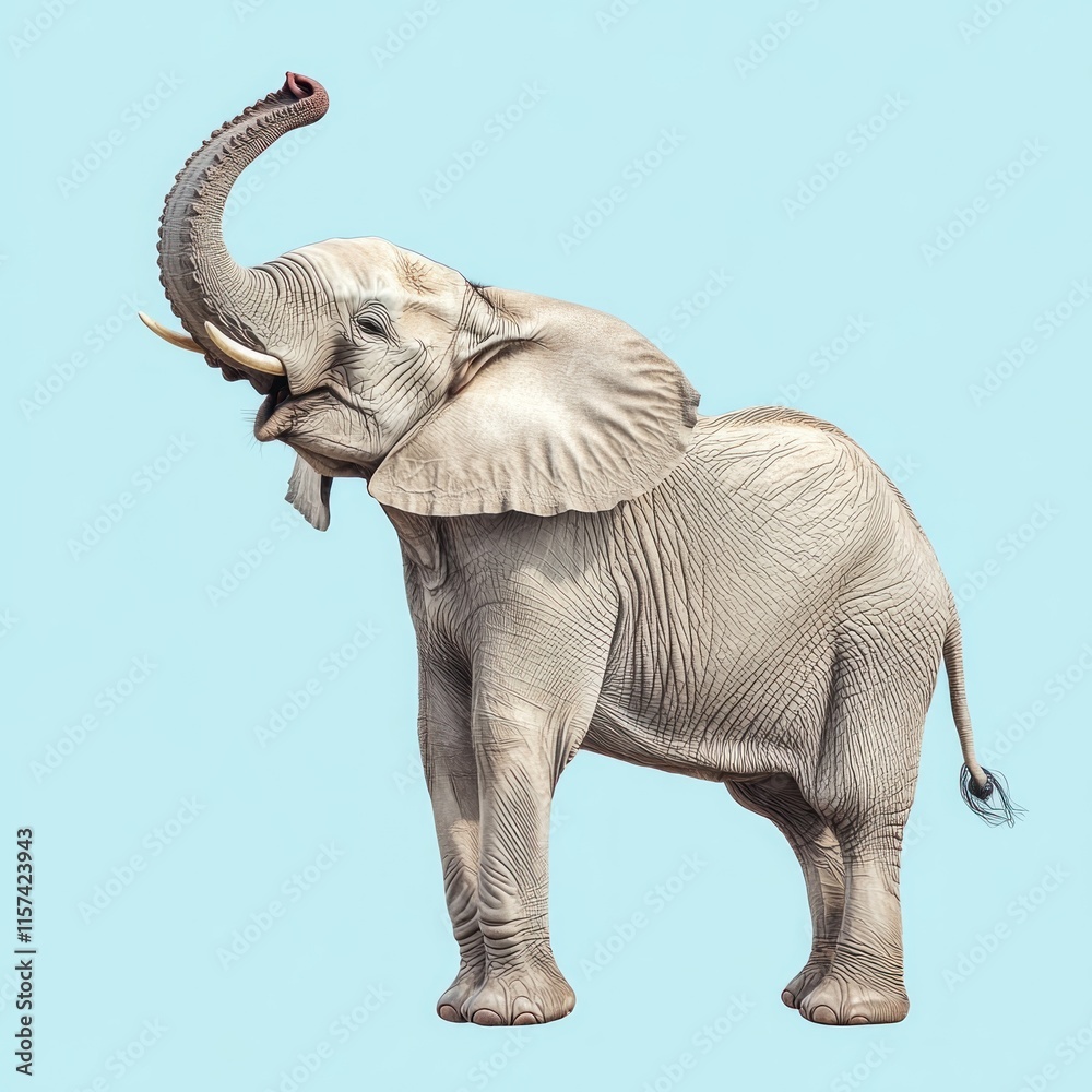 Obraz premium Elephant, trunk up, isolated on light blue background.