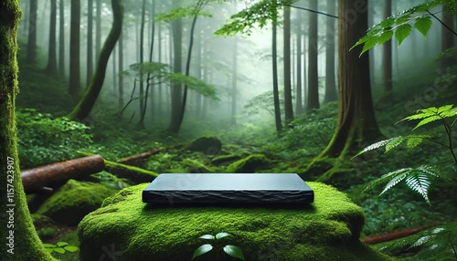 Stone podium on rock platform 3d illustration, grey rock pedestal for a product display stand, green forest and blurred on the background, natural scenery landscape.
