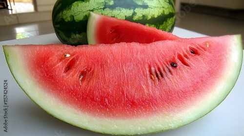 Refreshing watermelon slices kitchen table food photography bright environment close-up view summer delight photo