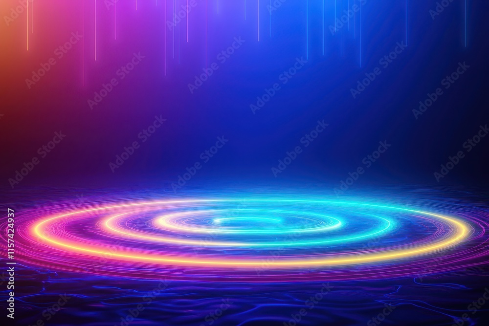 A glowing neon water ripple pattern in vibrant gradients of blue and pink, surrounded by abstract sparkles and faint mist, evoking serenity and modernity. A glowing neon water ripple pattern in vibrant gradients of blue and pink, surrounded by abstract sparkles and faint mist, evoking serenity and modernity.