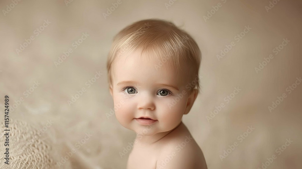 A close-up portrait of a smiling baby with soft features. A close-up portrait of a smiling baby with soft features.