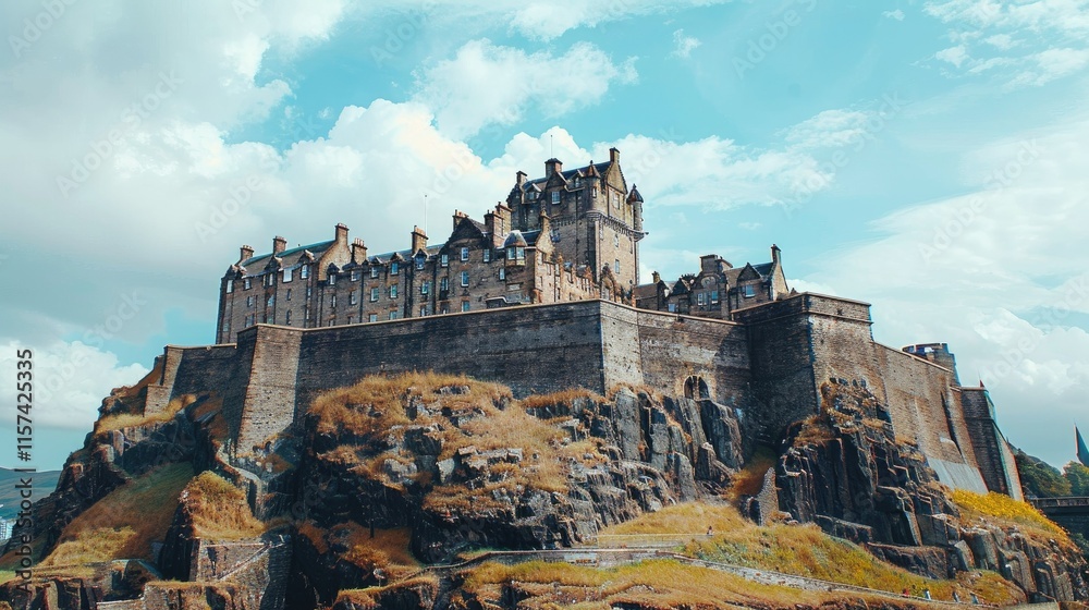Fototapeta premium Majestic castle perched atop a rocky hill under a vibrant sky.