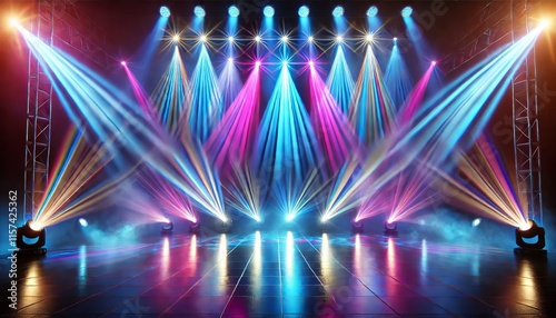 A stage illuminated with vibrant purple and blue lights, creating a dynamic and energetic atmosphere for the performance