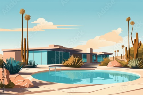 Mid century house surrounded by lush trees and palms with a tranquil swimming pool in the foreground photo