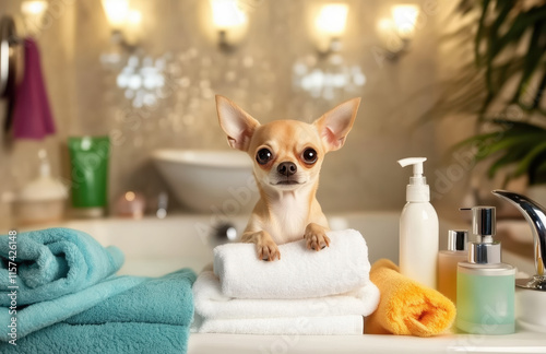 Chihuahua enjoys spa treatment in a relaxing bathroom setting with personal care products.  Beside of the dog lie some shampoo and body wash bottles, which add to its luxurious appearance. pet care