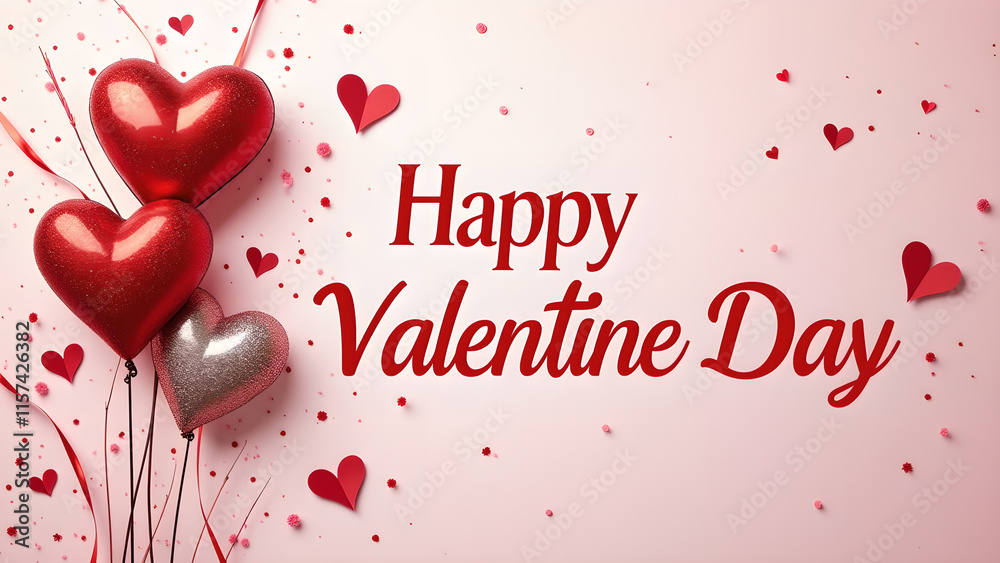 Happy Valentine's Day greeting with heart shaped balloons. Concept of love, romance, and celebration. Happy Valentine's Day greeting with heart shaped balloons. Concept of love, romance, and celebration.