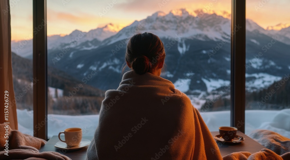Fototapeta premium Cozy morning with hot drinks and stunning mountain view at sunrise