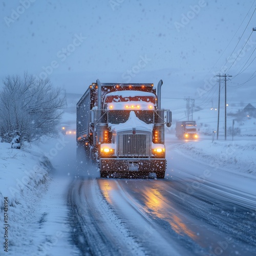 Grain truck driving on snowy road during winter blizzard photo