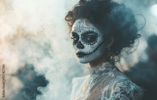 A woman in an antique lace dress with a skeletal face painted in painstaking detail stands in a mysterious misty haze.