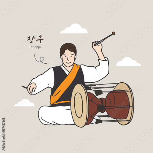 an illustration of a man playing Korean instrument janggu