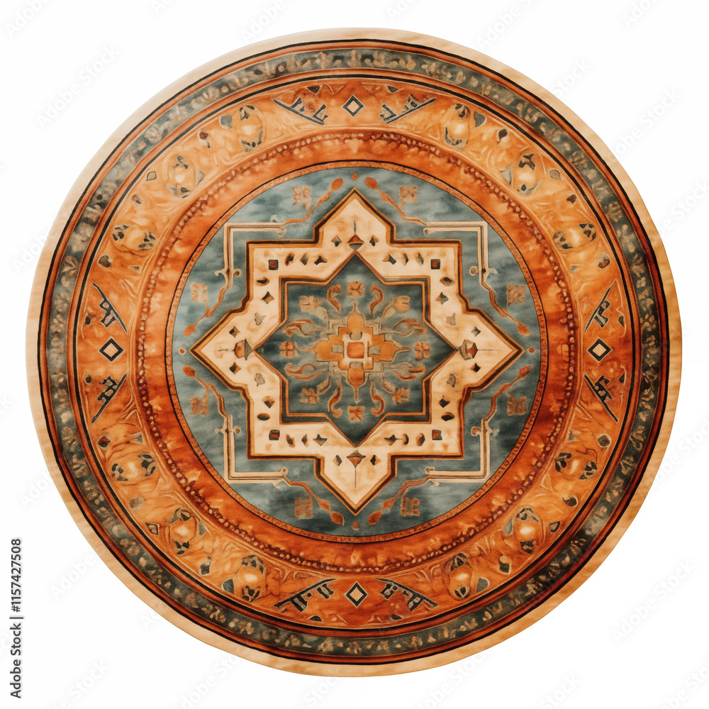 Fototapeta premium Round Rug Oriental Carpet Teal Orange Beige Mandala Geometric Pattern Intricate Design Floor Decor Home Textile