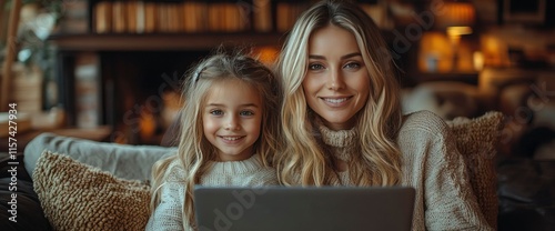 Happy Mother and Daughter Using Laptop Together at Home
