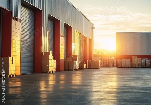 A modern warehouse with large red and gray doors, filled with boxes of goods at sunset