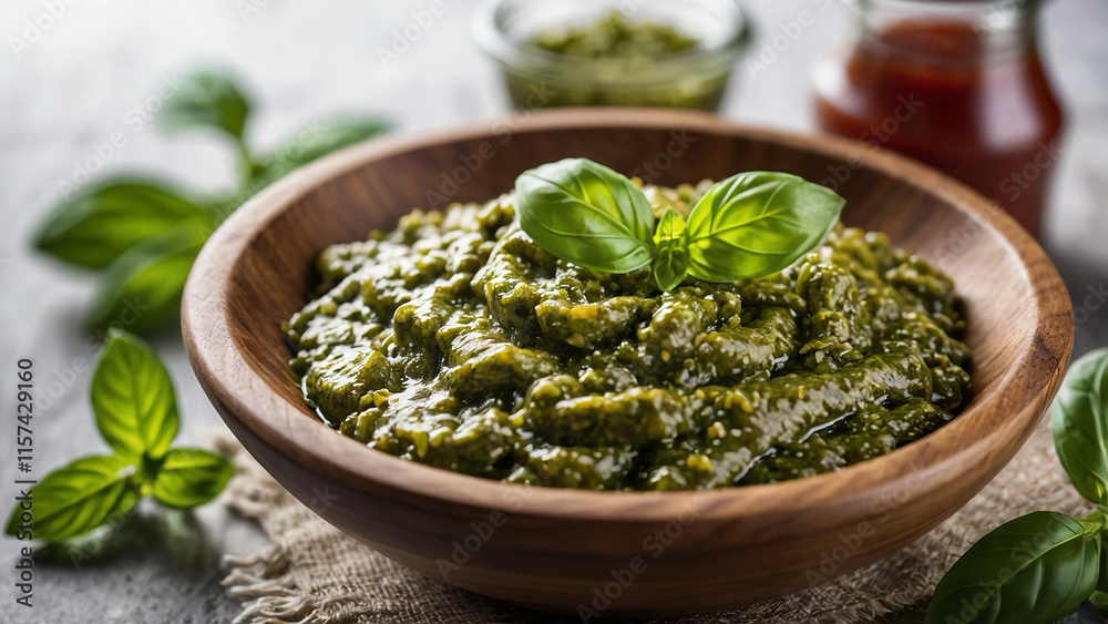 Traditional italian sauce pesto with green basil in wooden bowl isolated on white background Traditional italian sauce pesto with green basil in wooden bowl isolated on white background