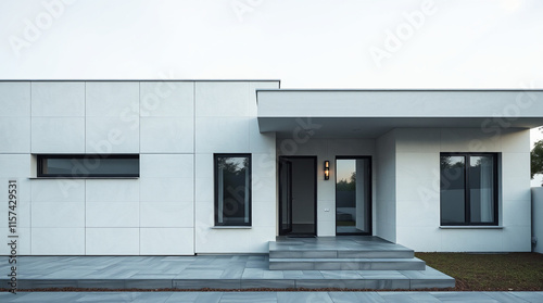 Modern, single-story house with light gray siding, gray roof overhang, dark-framed windows and doors, and a gray stone entryway. The house features a minimalist design.