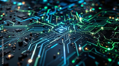 Futuristic circuit board background with glowing blue and green lines for tech branding, modern posters, gaming visuals, and digital innovation designs