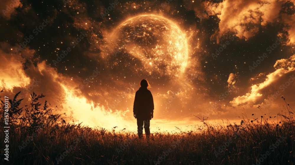 Fototapeta premium Solitary Figure Underneath a Fiery Celestial Sphere