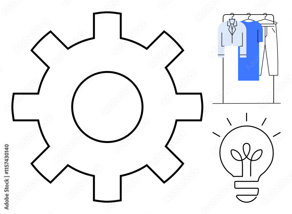 Large gear beside clothing rack and light bulb with plant inside. Ideal for innovation, efficiency, fashion industry, retail management, creative process, business strategy, marketing. Line metaphor Large gear beside clothing rack and light bulb with plant inside. Ideal for innovation, efficiency, fashion industry, retail management, creative process, business strategy, marketing. Line metaphor