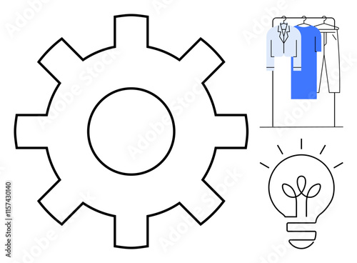 Large gear beside clothing rack and light bulb with plant inside. Ideal for innovation, efficiency, fashion industry, retail management, creative process, business strategy, marketing. Line metaphor