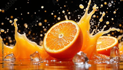 Orange slices with juice splash and ice on black background photo