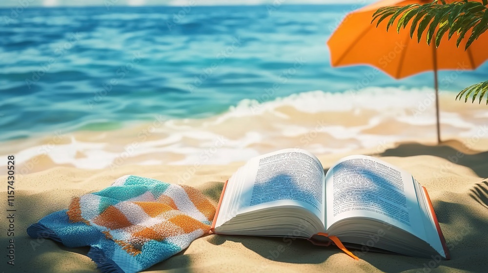 An open book lying on the sand of an exotic beach, surrounded by orange and white umbrellas, with clear blue water in the background. An open book lying on the sand of an exotic beach, surrounded by orange and white umbrellas, with clear blue water in the background.