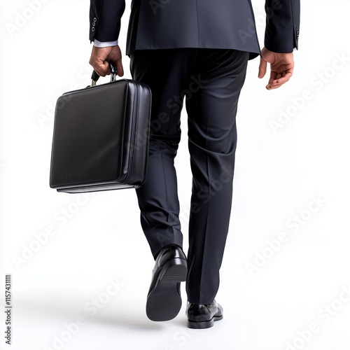 Businessman walking away carrying briefcase on white background