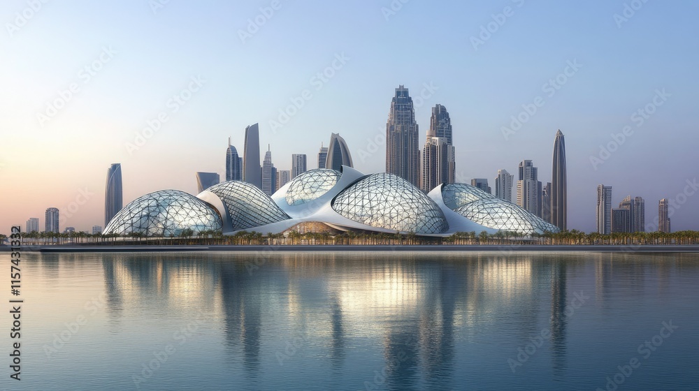 Naklejka premium Modern architectural design reflecting in calm water, city skyline in background.