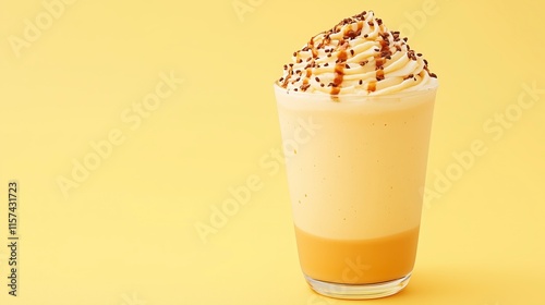 Creamy caramel dessert drink topped with whipped cream on a yellow background