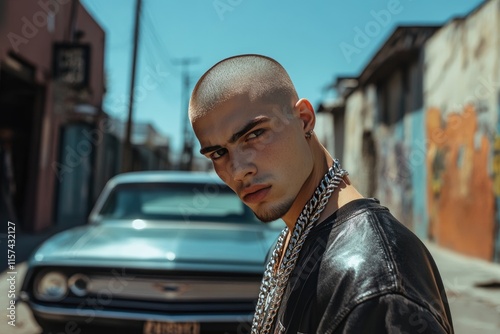 Gen Z male with buzzcut and chain necklace, standing in front of a classic car, urban alleyway backdrop, sharp sunlight, bold and confident expression photo