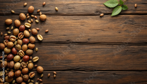  A rustic wooden surface displays a collection of nuts and leaves, with the nuts arranged in a scattered pattern and the leaves resting on the right side.