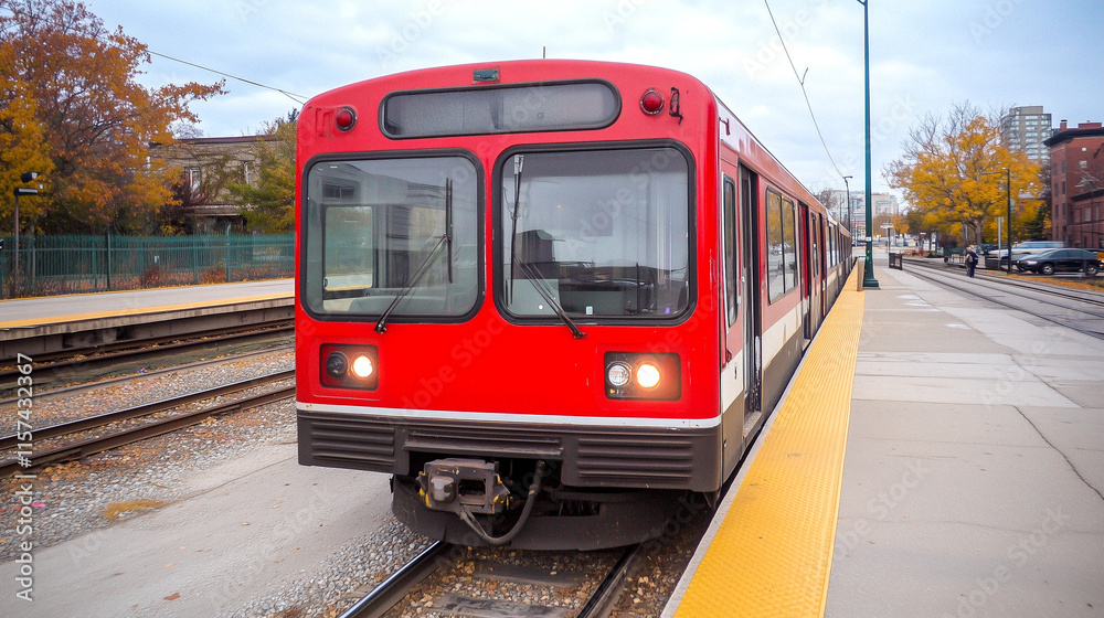 Obraz premium Red Commuter Train at Station Platform