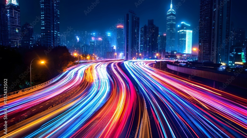 Obraz premium Dynamic light trails from vehicles in urban cityscape at night long exposure photography vibrant atmosphere