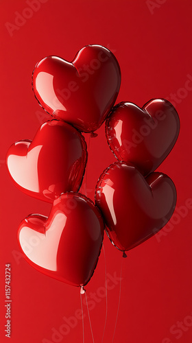 Heart-shaped red balloons in a cluster, floating against a vivid red background, perfect for Valentine's Day celebrations photo