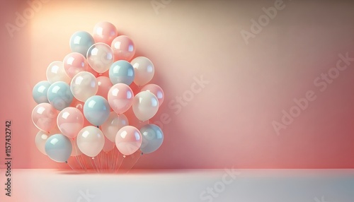 Beautiful panoramic background with pink and blue balloons. Group of pastel party balloons on soft background. Concept of happiness, joy, birthday. Wide Angle Holiday Web Banner With Copy Space