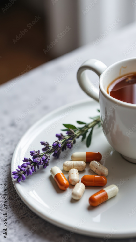 An assortment of orange magnesium supplements next to a cup of coffee on a plate with lavender, suggesting a focus on wellness or relaxation.
