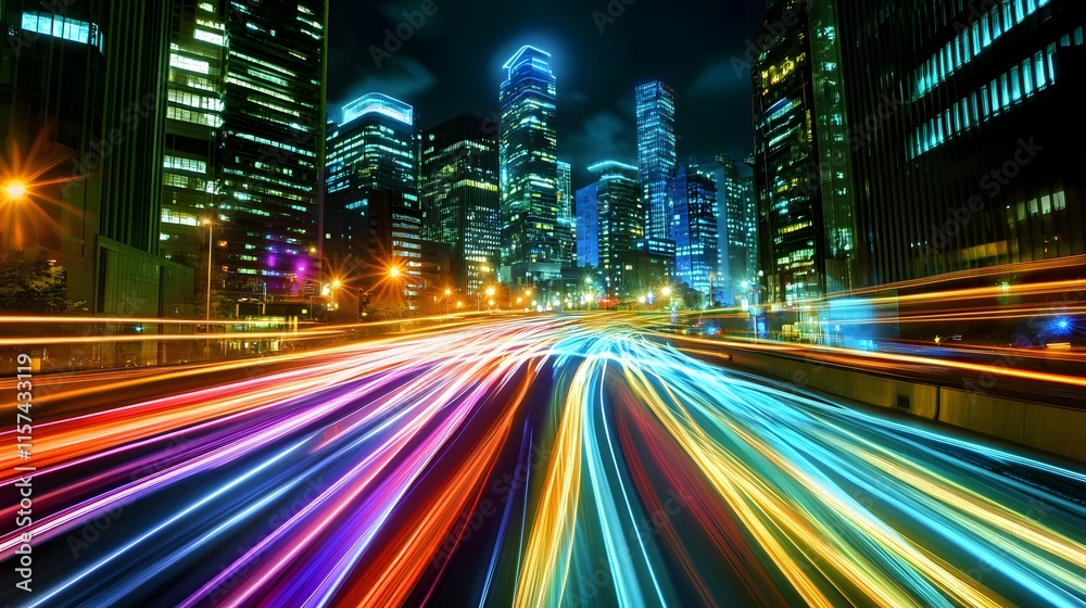 Fototapeta premium Dynamic light trails from traffic in a cityscape at night urban environment long exposure photography